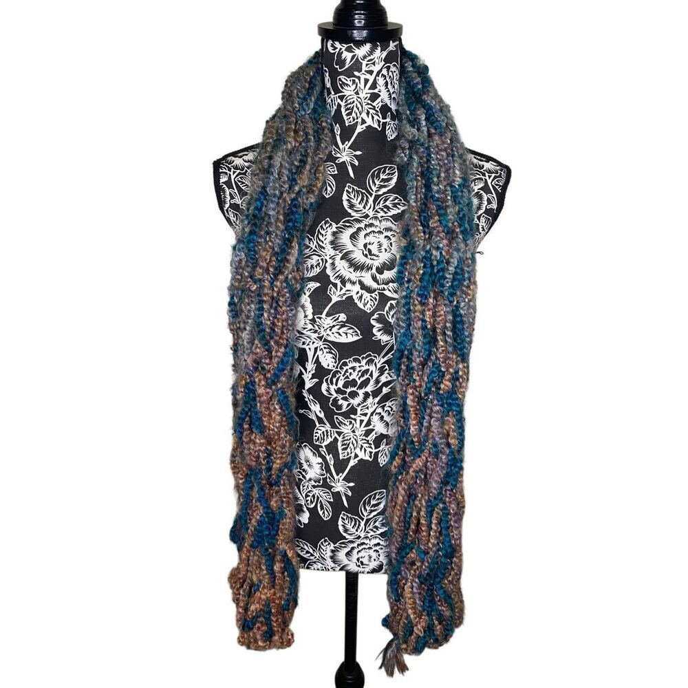 Chunky Multicolor Hand Knit Yarn Scarf Blue Tan Brown Loop Textured Winter